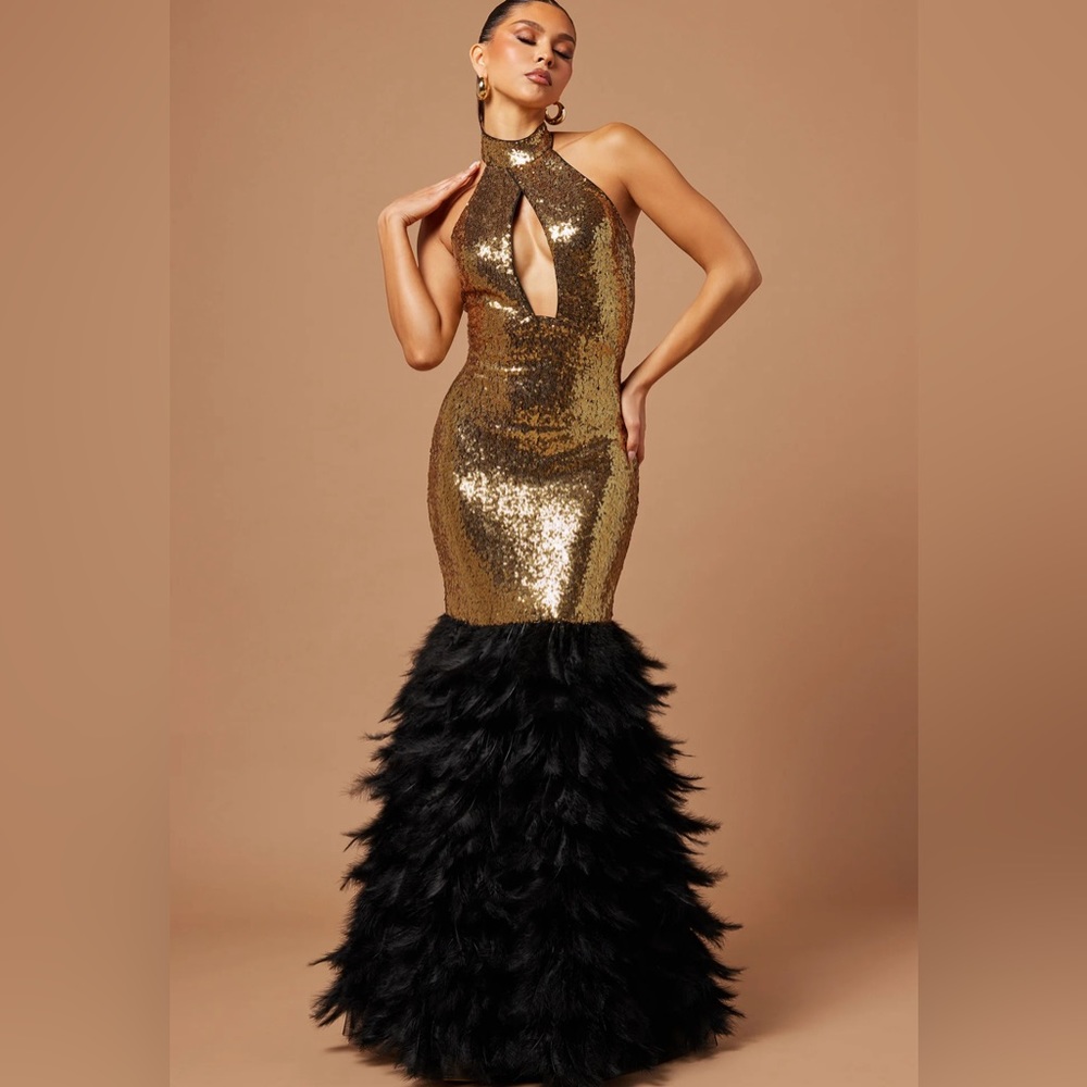 Gold Sequin Black Feather Gown